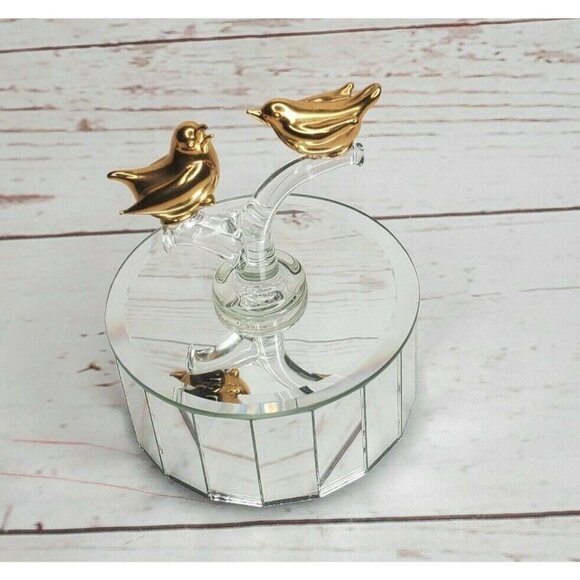 Gold-Tone Bird Figurines on Mirrored Rotating Base | Elegant Decorative Piece - Picture 4 of 12